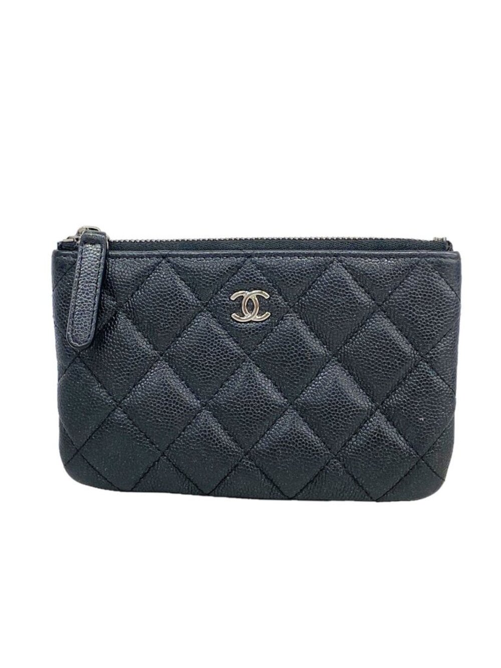 Chanel Coin Purse Quilted Caviar Leather Black Silver
